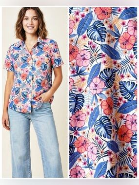 BLAIR Tropical Pink Hibiscus Monstera Floral Button-Down Hawaiian Shirt Size M